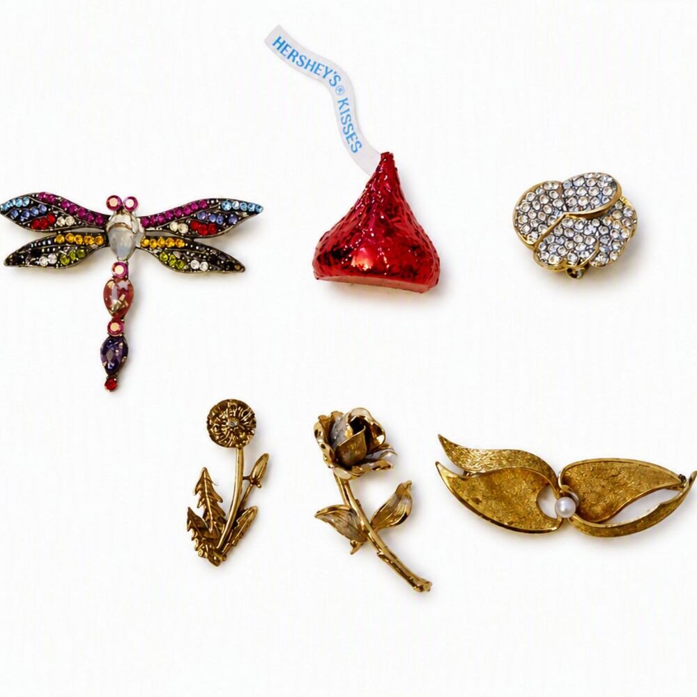 Mixed Modern & VTG Gold Tone Brooch Lot 5 Signed Flowers Dragonfly Chocolate